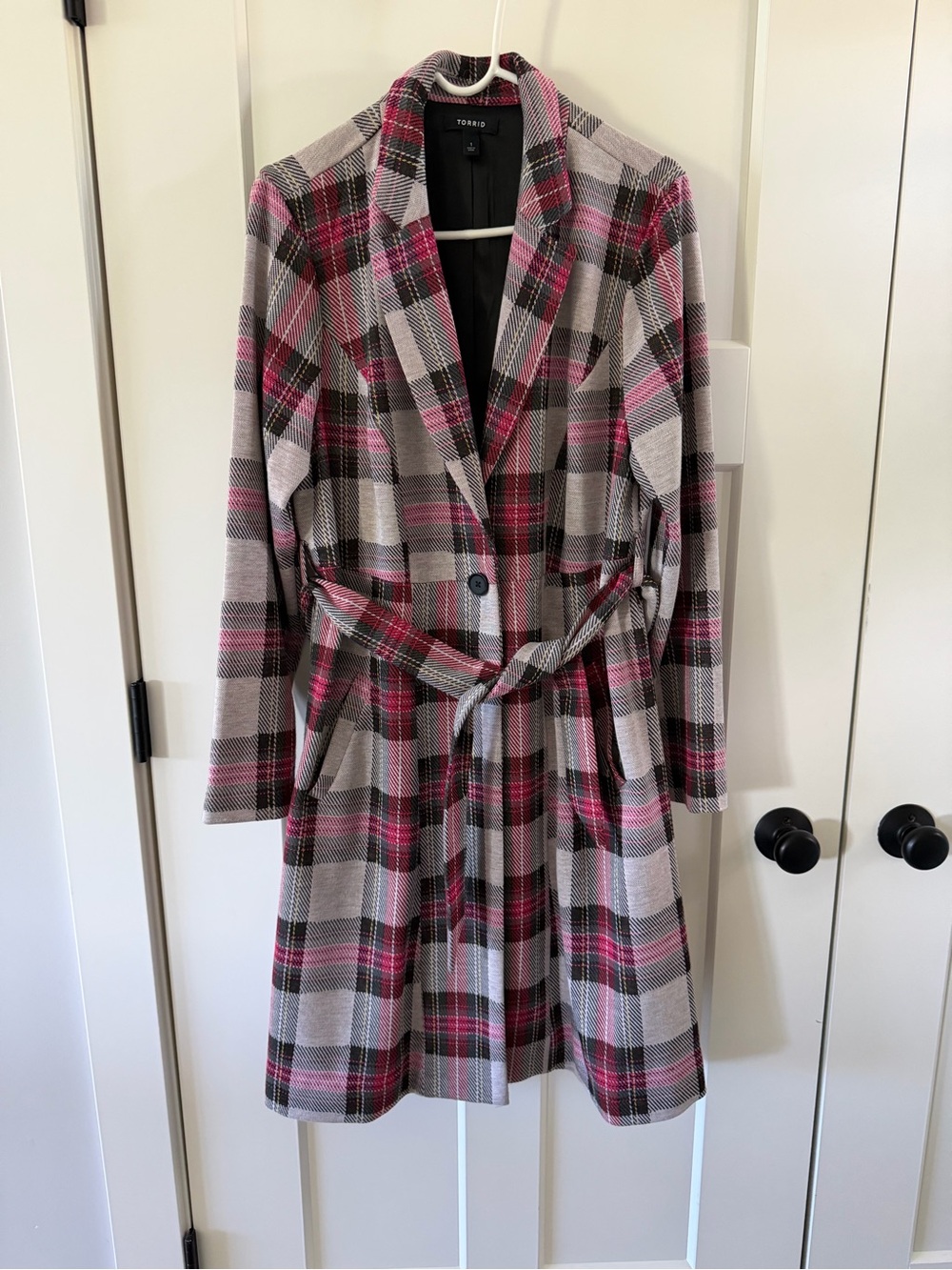 Torrid Plaid Belted Trench Coat Size 1 - Pink, Black, and Gray